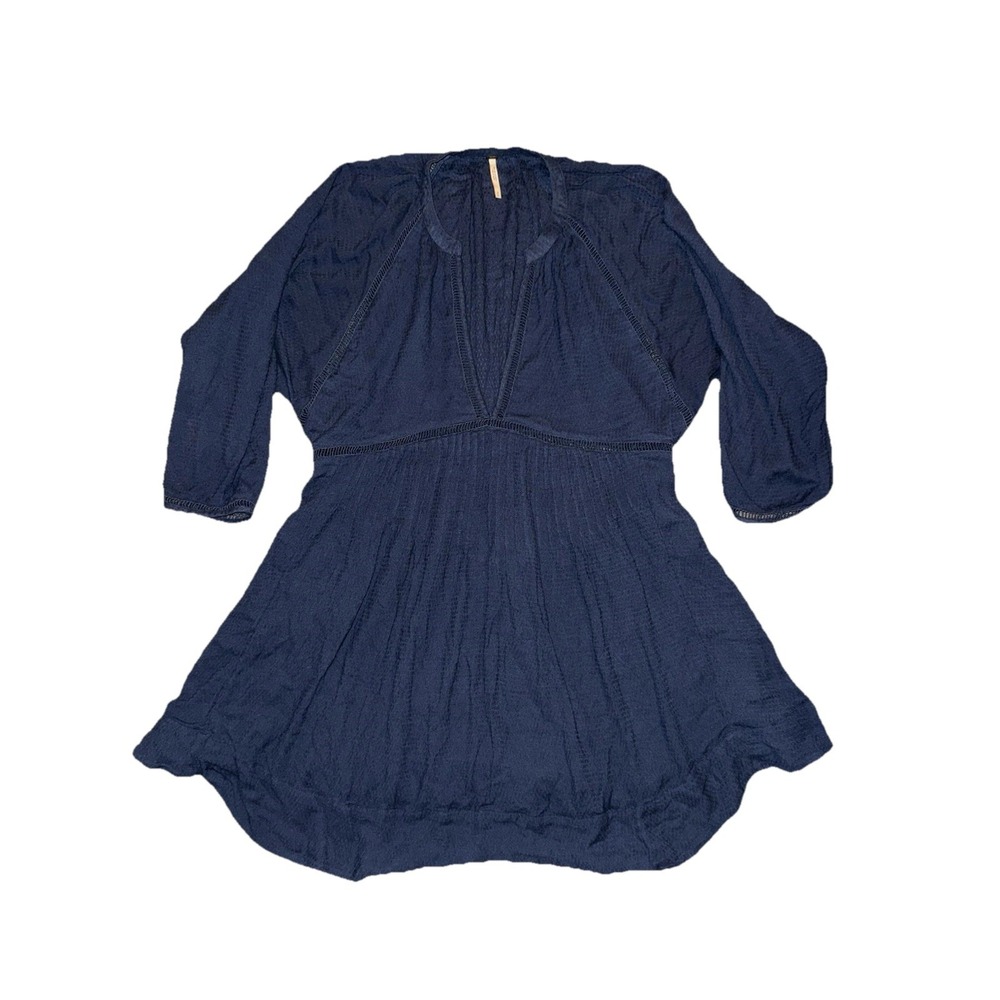 Free People Dark Blue Go Lightly V Neck 3/4 Sleeve Mini Dress Ladies Sz Small
